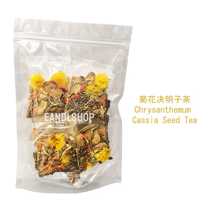 Chrysanthemum Cassia Seed Tea. Old-school biscuits, modern snacks (chips, crackers), cakes, gummies, plums, dried fruits, nuts, herbal tea – available at www.EANDLSHOP.com