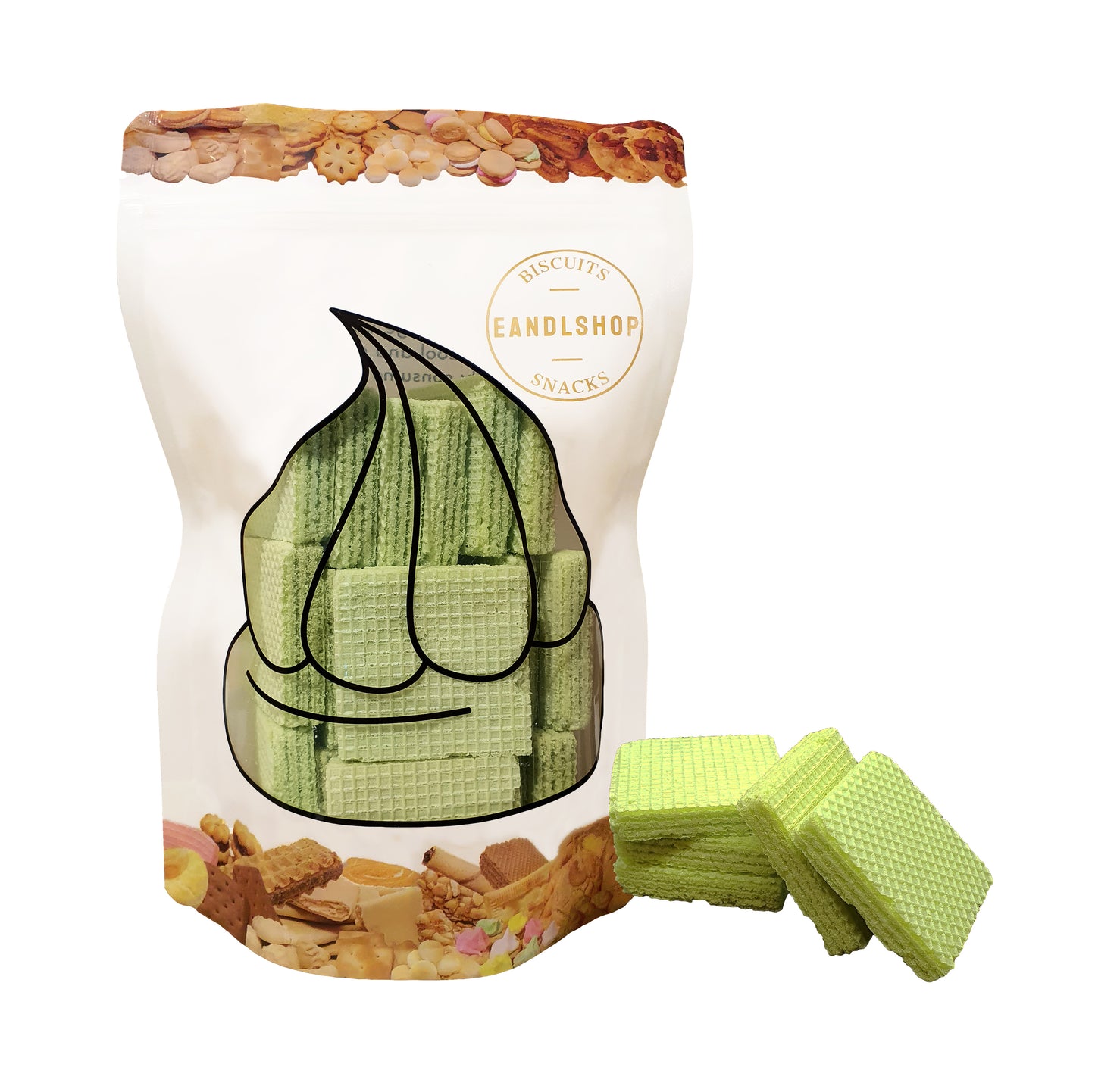Pandan Wafer (Square). Old-school biscuits, modern snacks (chips, crackers), cakes, gummies, plums, dried fruits, nuts, herbal tea – available at www.EANDLSHOP.com