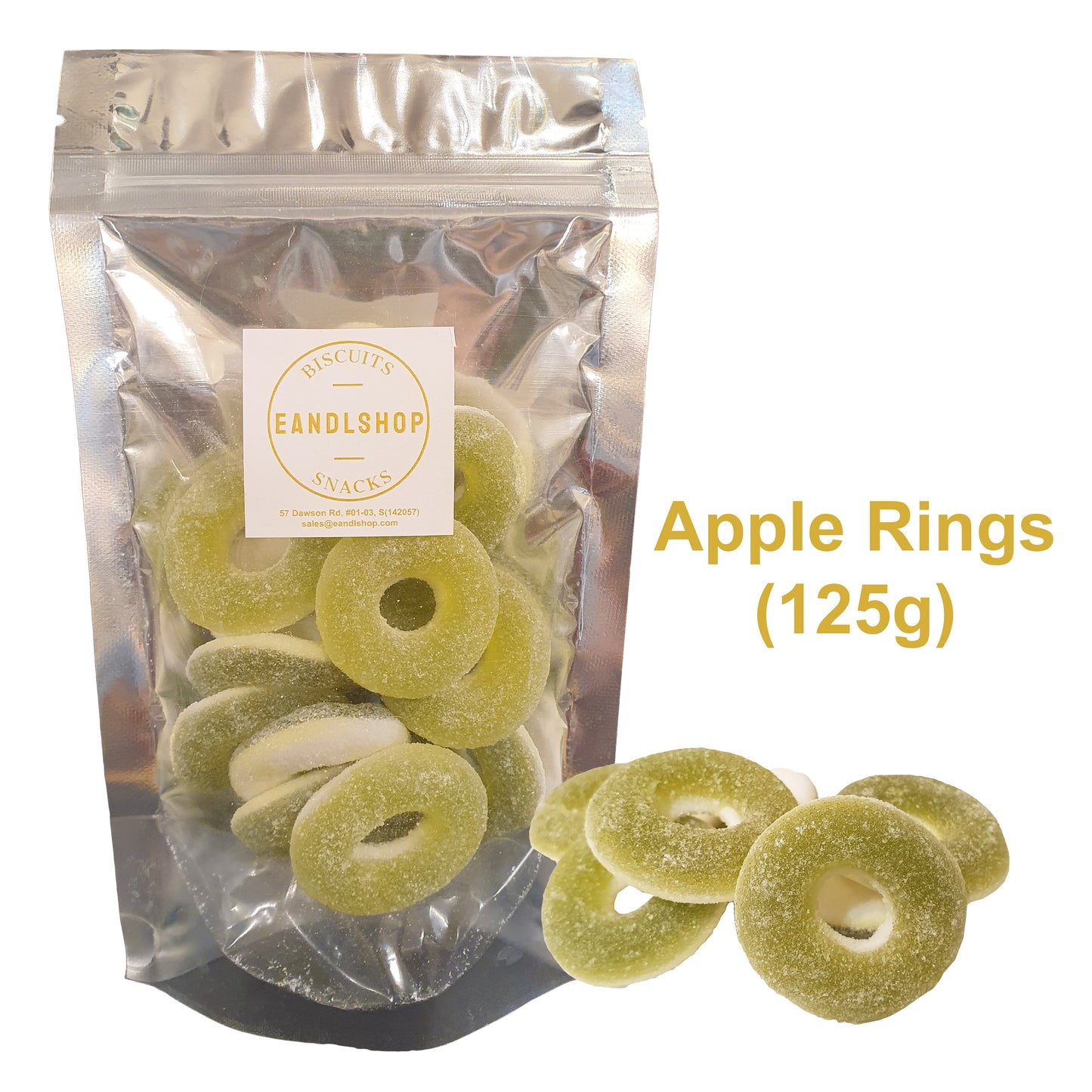 Haribo apple rings. Old-school biscuits, modern snacks (chips, crackers), cakes, gummies, plums, dried fruits, nuts, herbal tea – available at www.EANDLSHOP.com