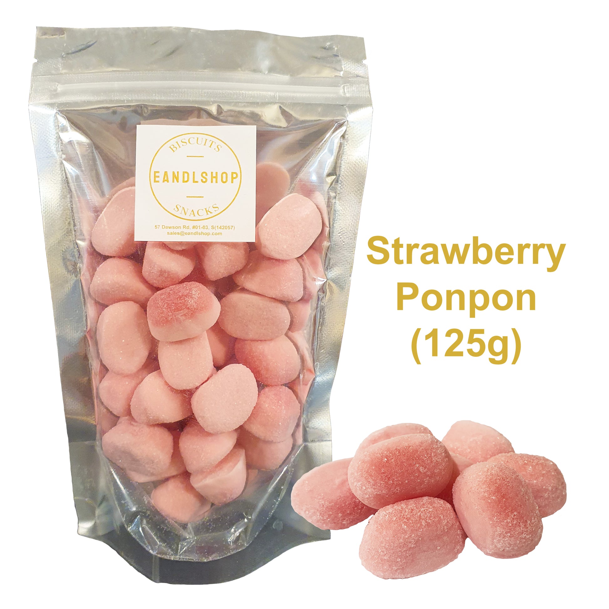 Haribo strawberry pon pon. Old-school biscuits, modern snacks (chips, crackers), cakes, gummies, plums, dried fruits, nuts, herbal tea – available at www.EANDLSHOP.com