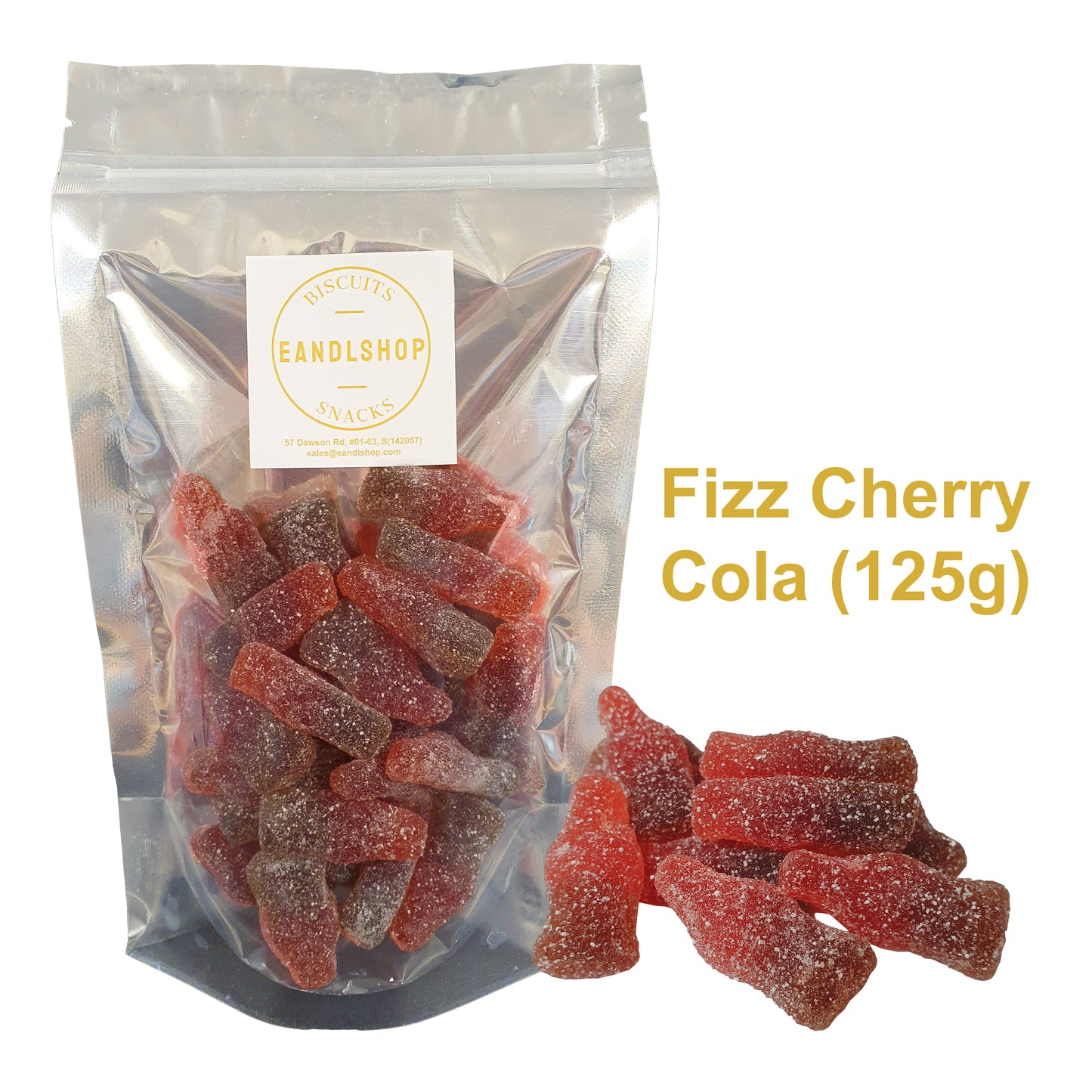 Haribo fizz cherry cola. Old-school biscuits, modern snacks (chips, crackers), cakes, gummies, plums, dried fruits, nuts, herbal tea – available at www.EANDLSHOP.com