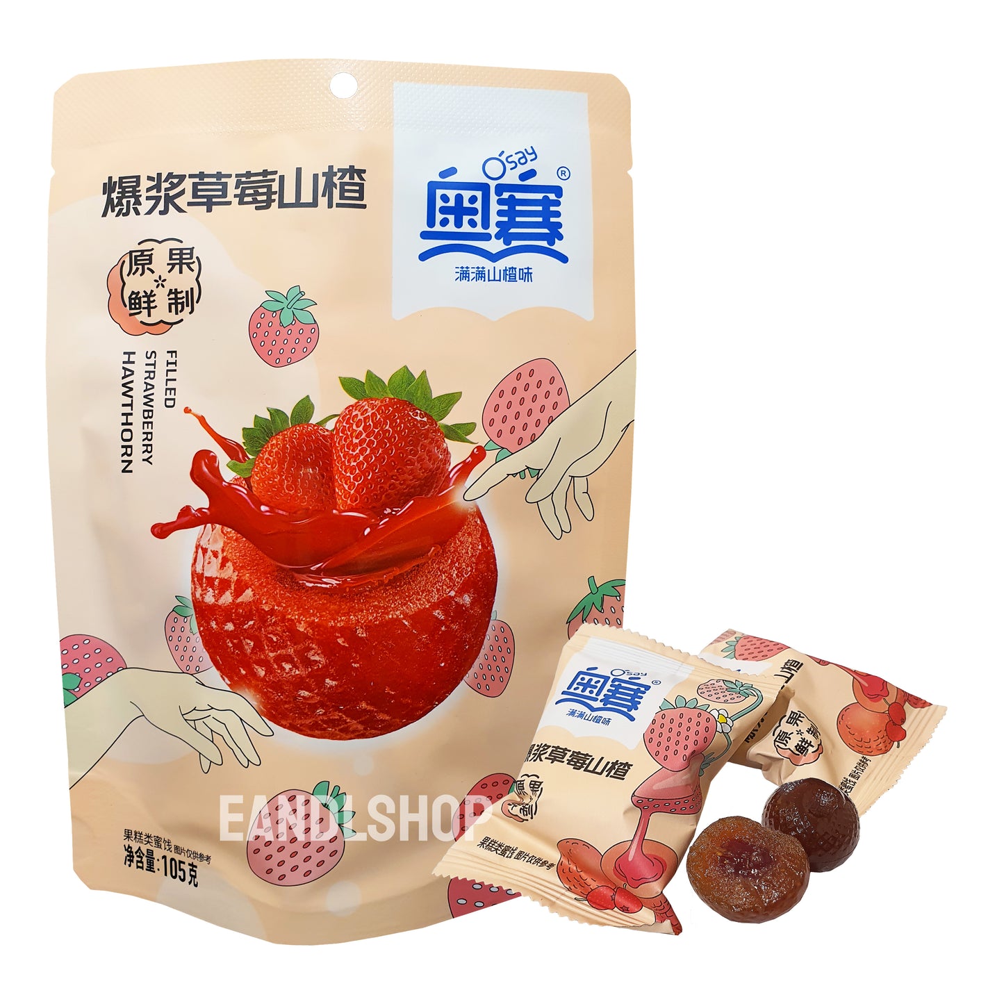 Filled Hawthorn Strawberry. Old-school biscuits, modern snacks (chips, crackers), cakes, gummies, plums, dried fruits, nuts, herbal tea – available at www.EANDLSHOP.com