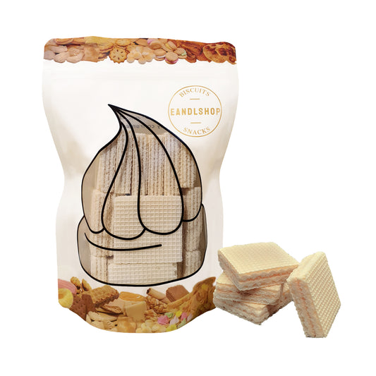 Vanilla Wafer (Square). Old-school biscuits, modern snacks (chips, crackers), cakes, gummies, plums, dried fruits, nuts, herbal tea – available at www.EANDLSHOP.com