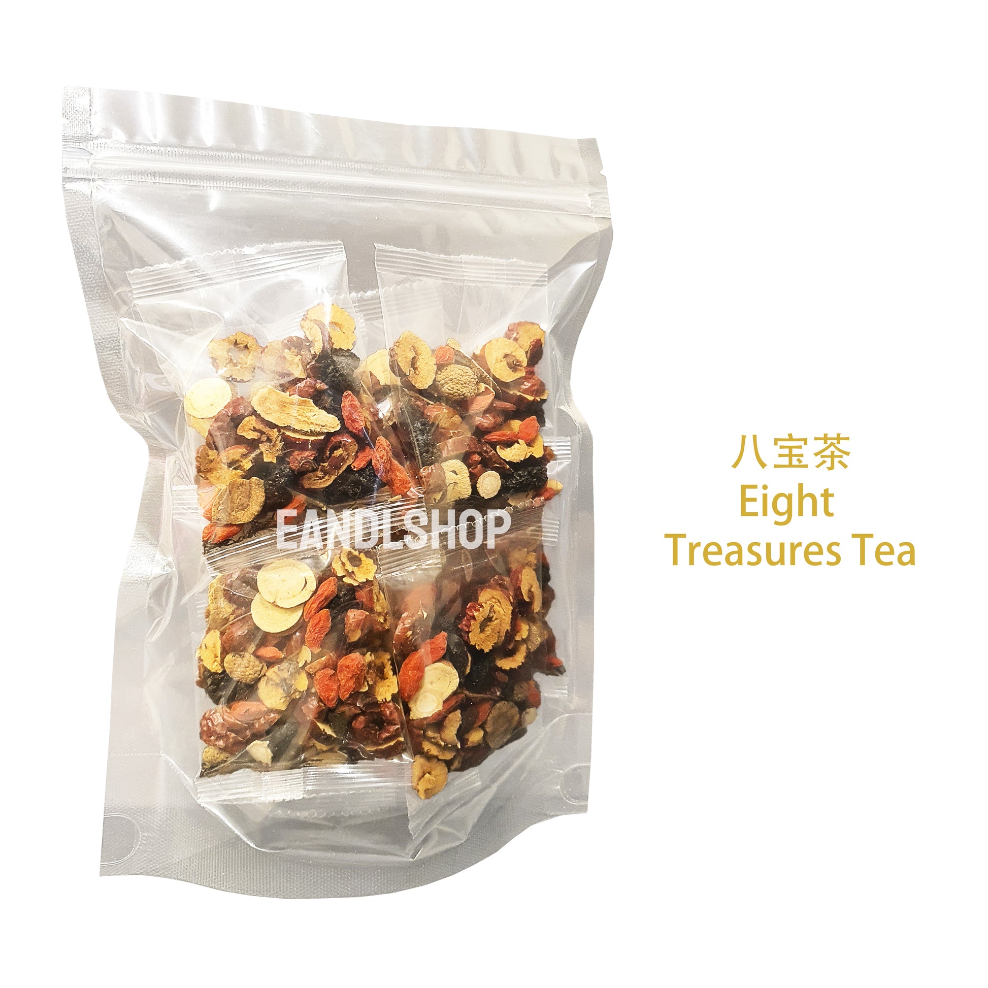 Eight treasure tea. Old-school biscuits, modern snacks (chips, crackers), cakes, gummies, plums, dried fruits, nuts, herbal tea – available at www.EANDLSHOP.com